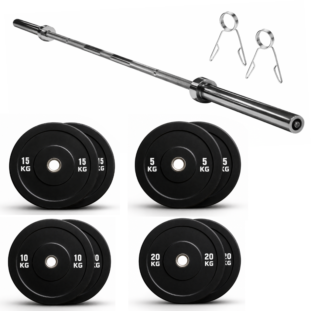 Set Barra Olímpica + Discos Bumper 100kg | Kit Alto Rendimiento