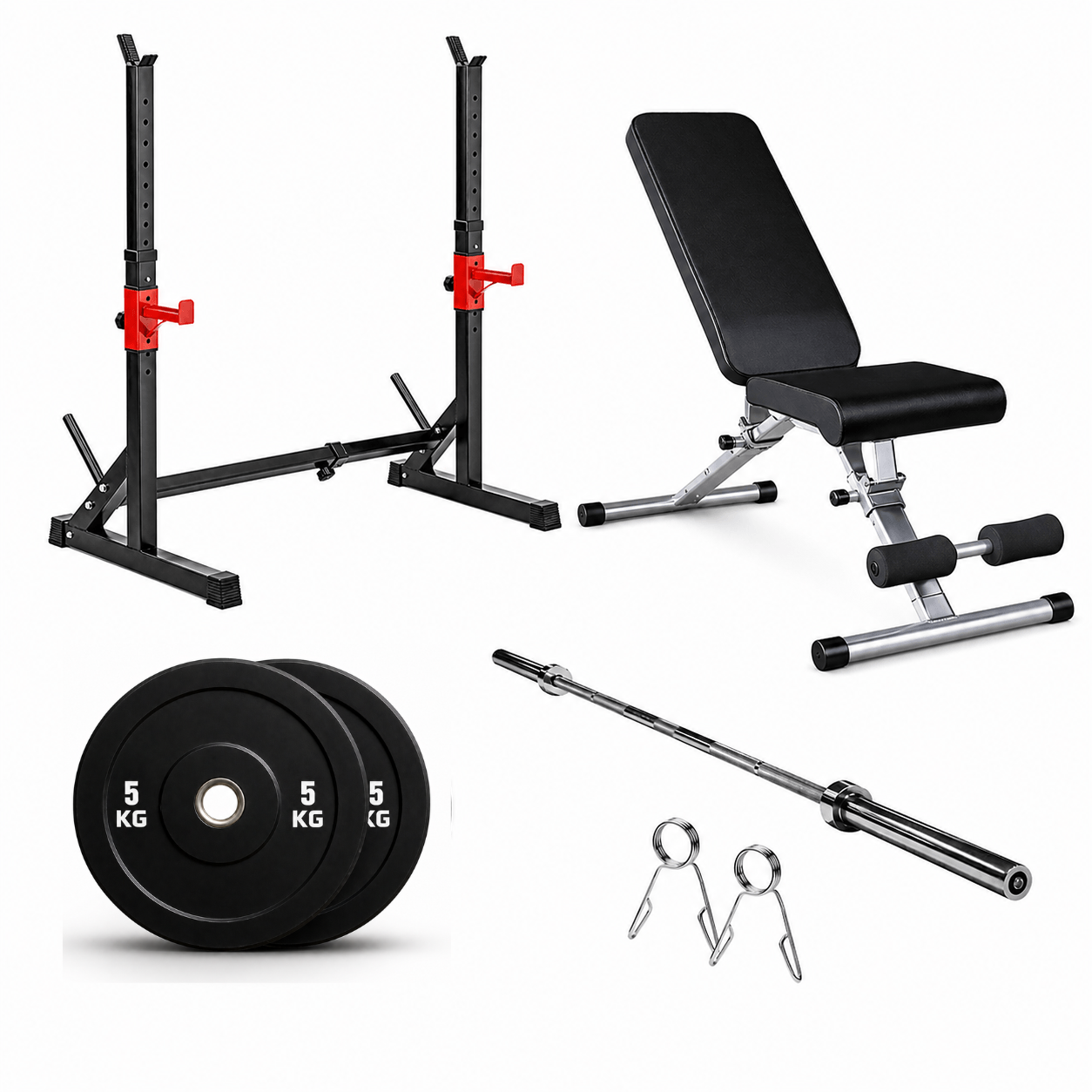 Kit Gimnasio Completo en Casa | Banco, Rack, Barra y Discos