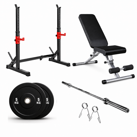 Kit Gimnasio Completo en Casa | Banco, Rack, Barra y Discos