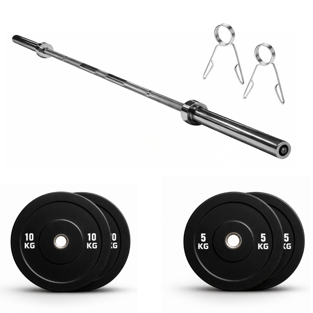 Set Olímpico Barra 2.2m + Discos Bumper 30kg | Kit Pesas 50mm