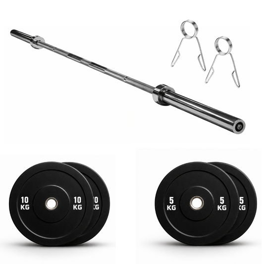 Set Olímpico Barra 2.2m + Discos Bumper 30kg | Kit Pesas 50mm